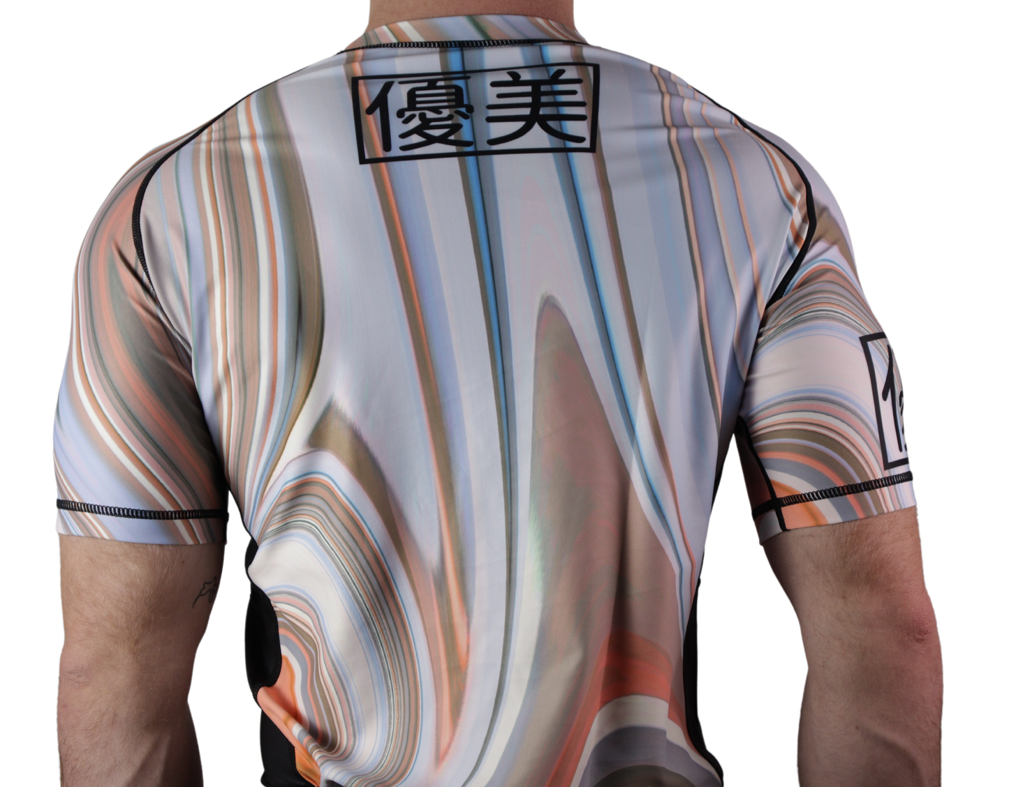 model wearing marble bjj rashguard back view