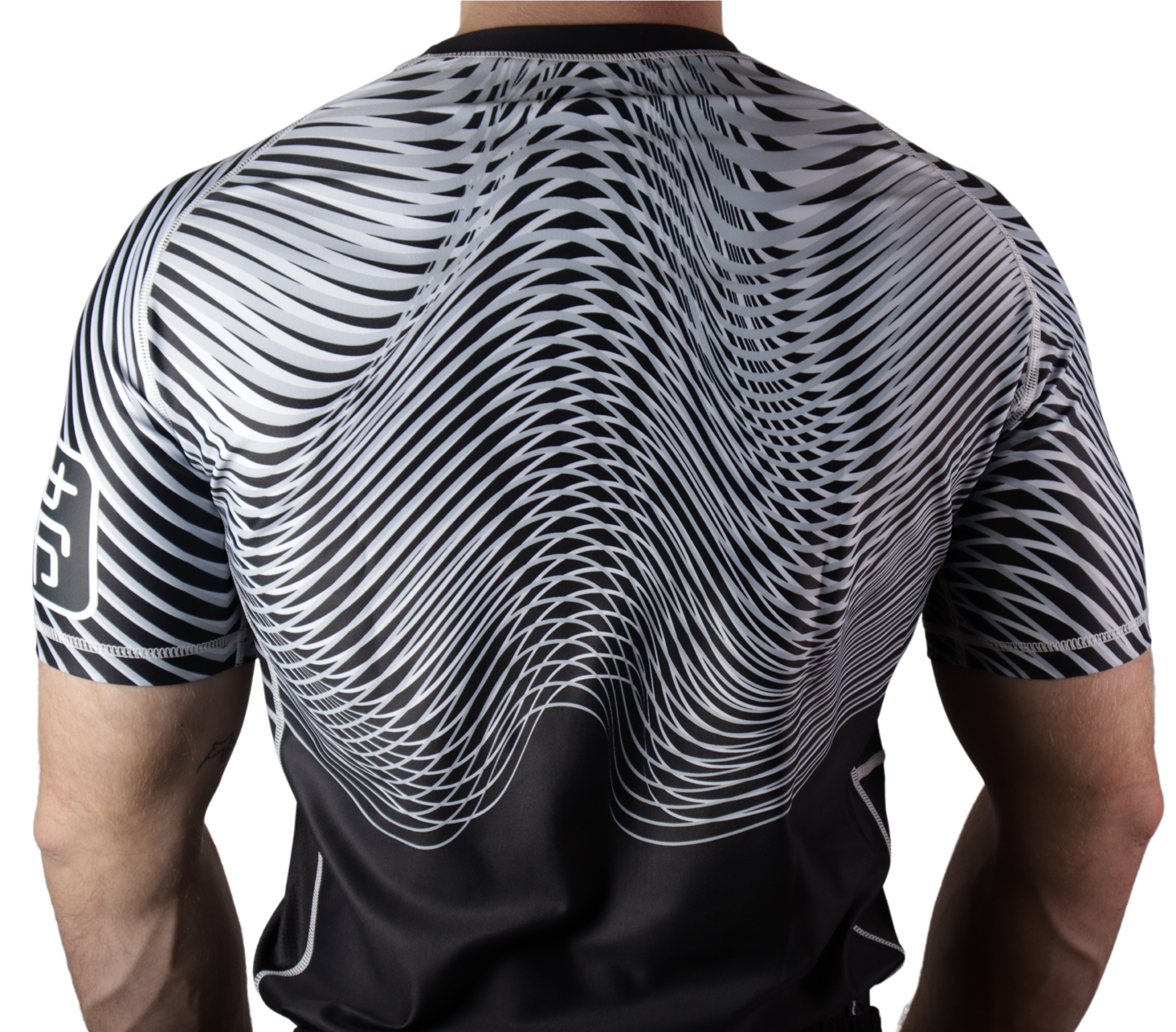 model wearing nogi bjj ranked white rashguard back view