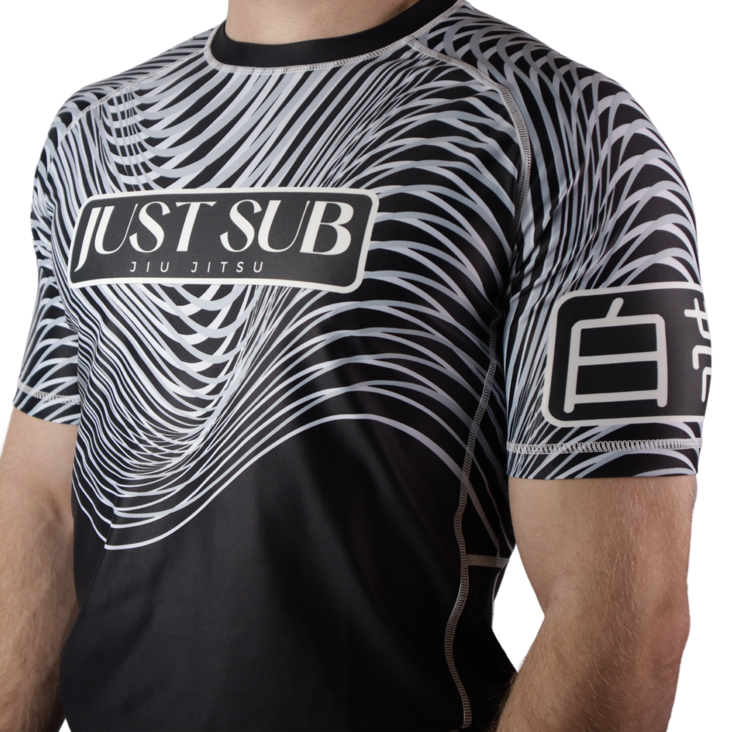 model wearing nogi bjj ranked white rashguard side view