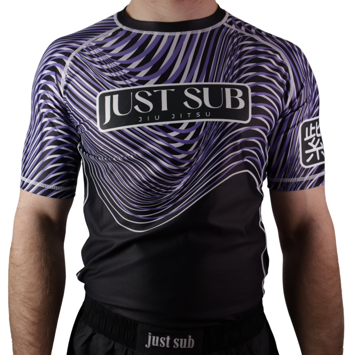 model wearing bjj nogi purple ranked rashguard front view