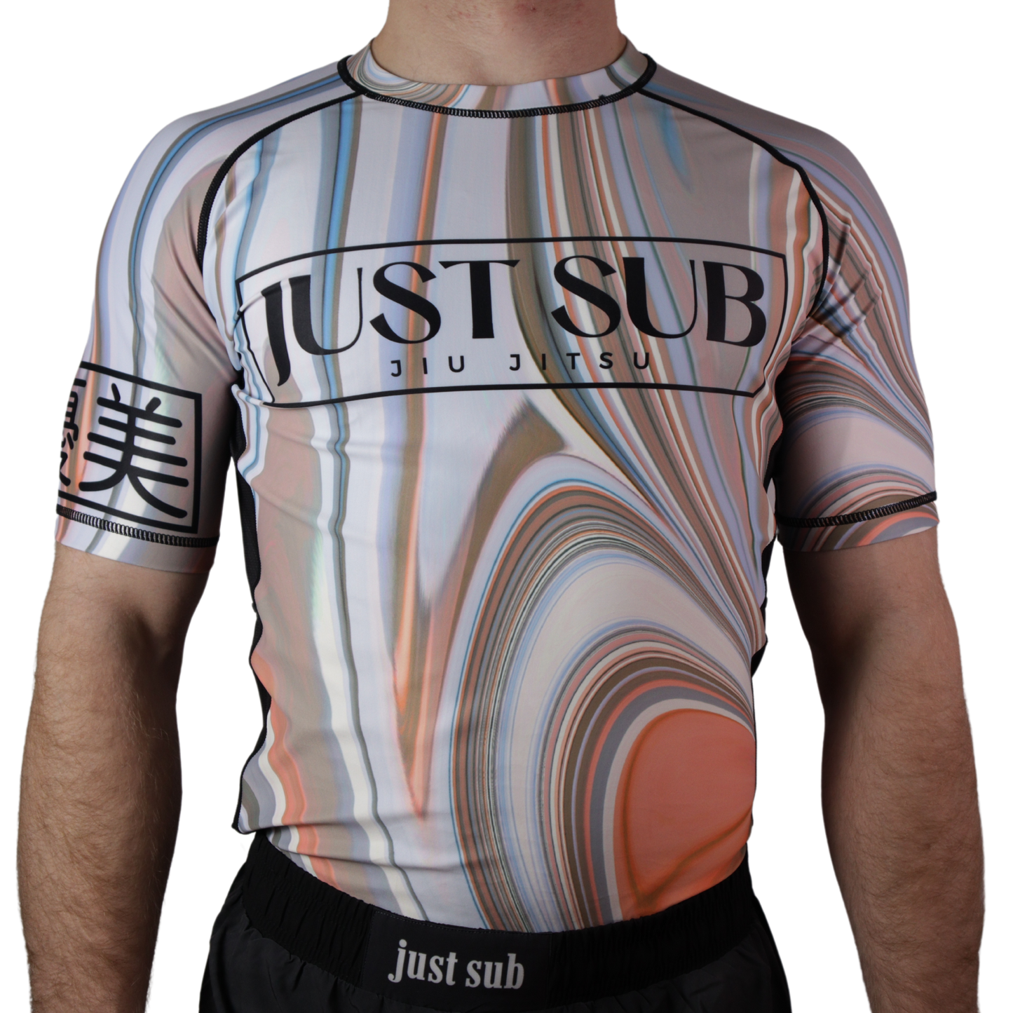 model wearing marble bjj rashguard front view