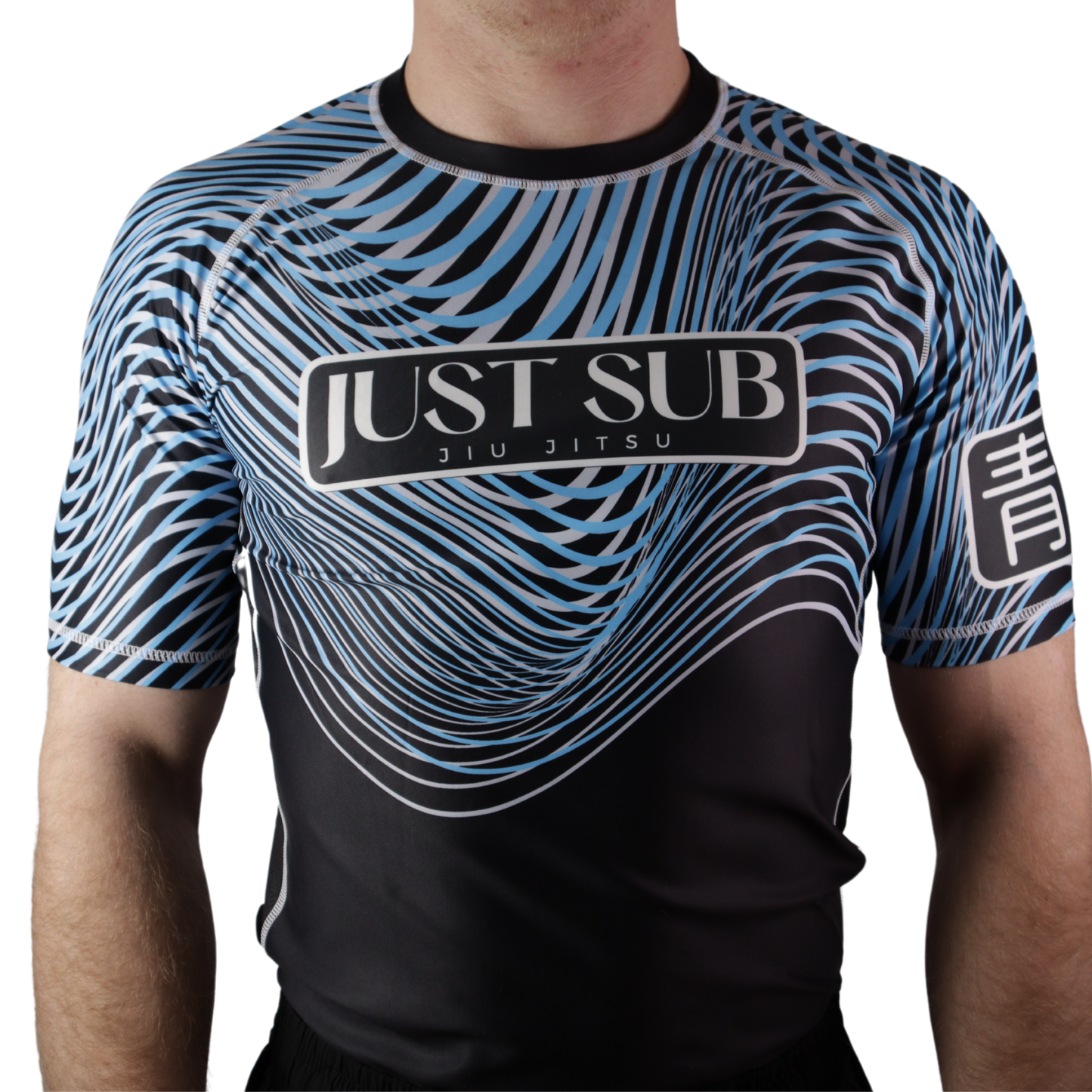 model wearing blue ranked rashguard front view