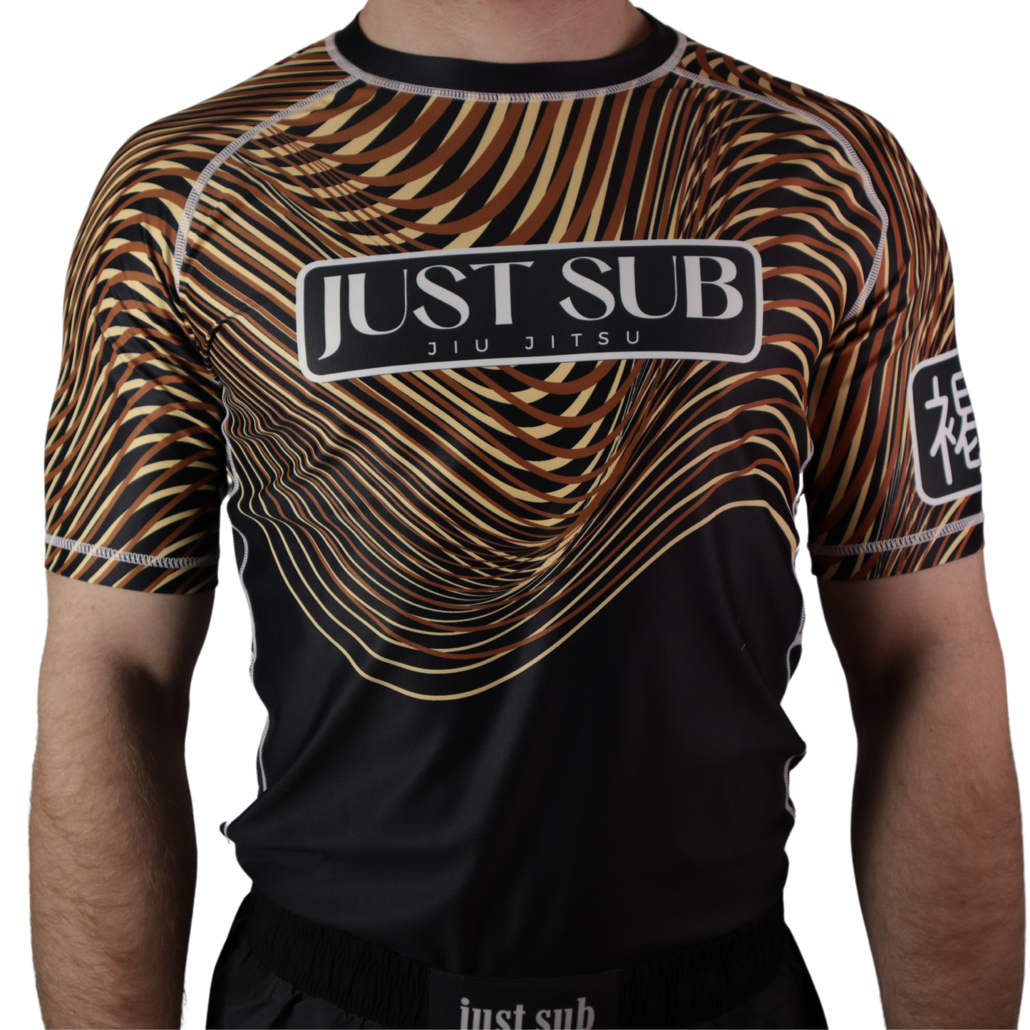 model wearing brown ranked rashguard front view