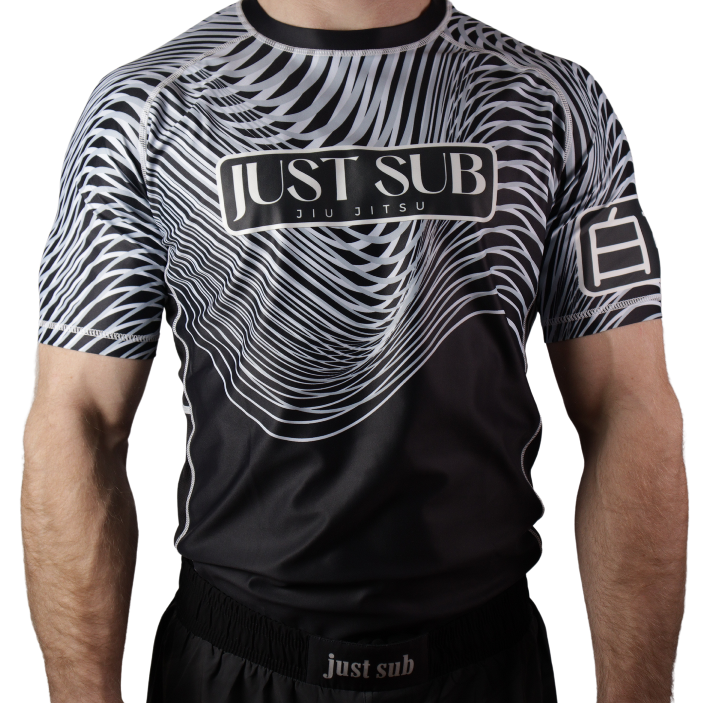 model wearing nogi bjj ranked white rashguard front view