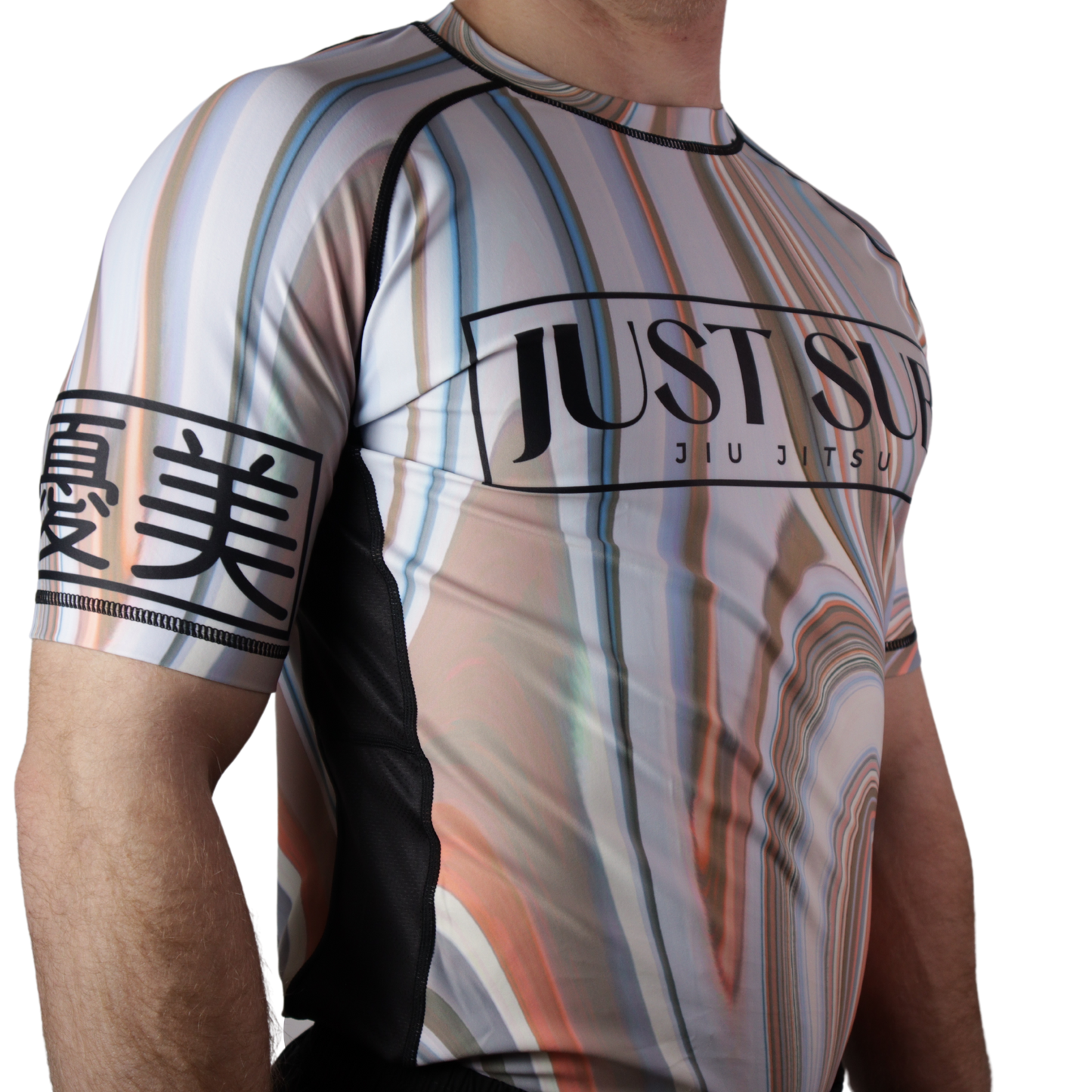 model wearing marble bjj rashguard side view