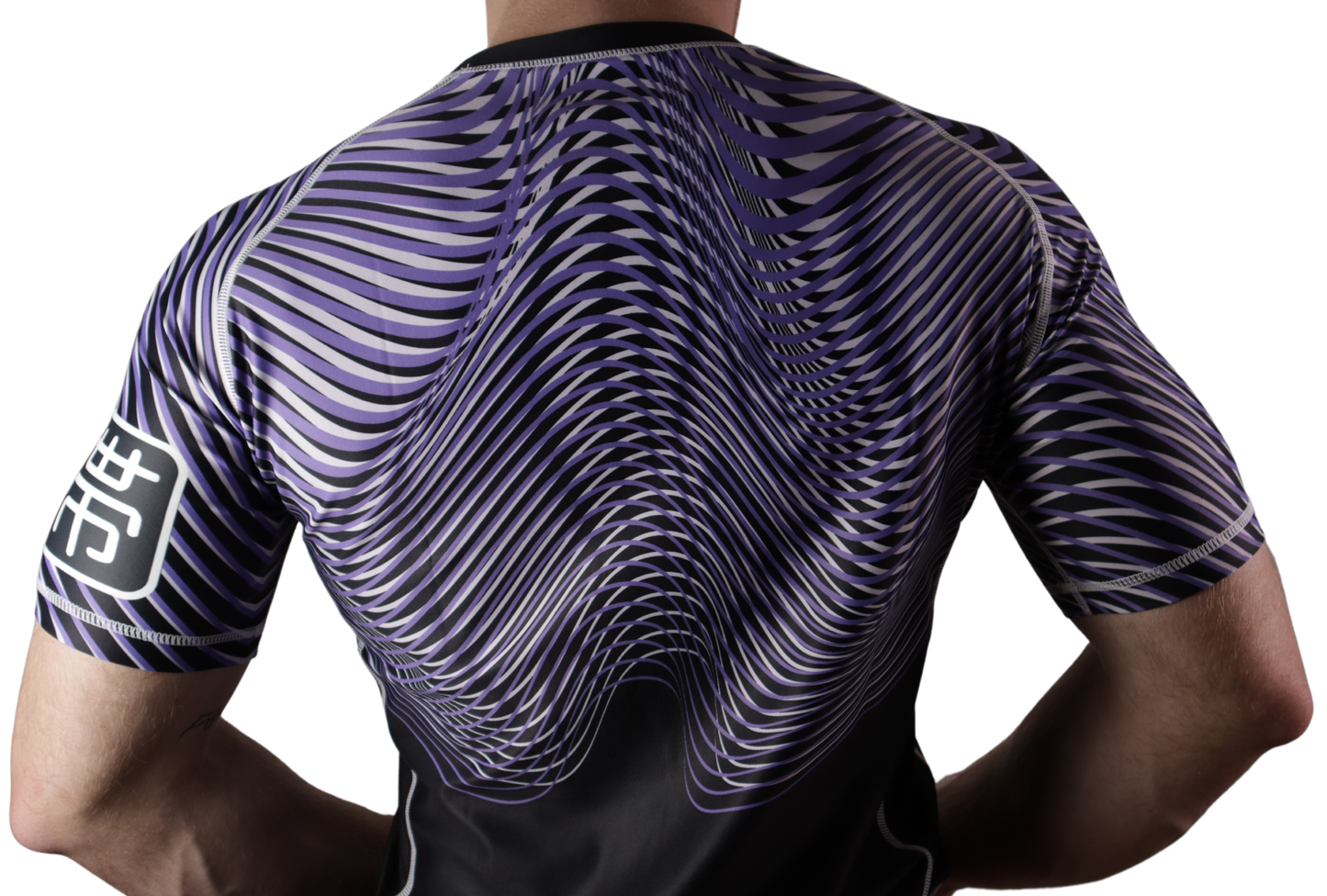 model wearing bjj nogi purple ranked rashguard back view