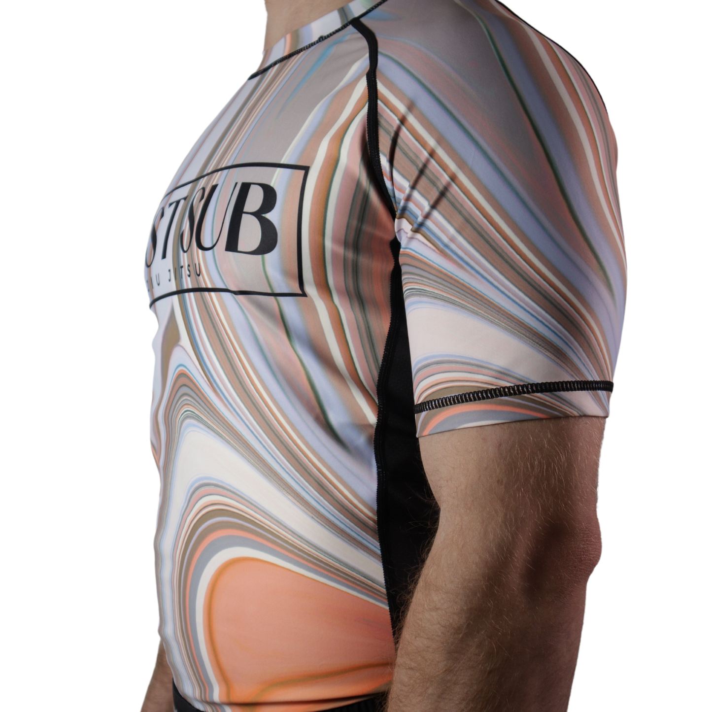 model wearing marble bjj rashguard alternative view