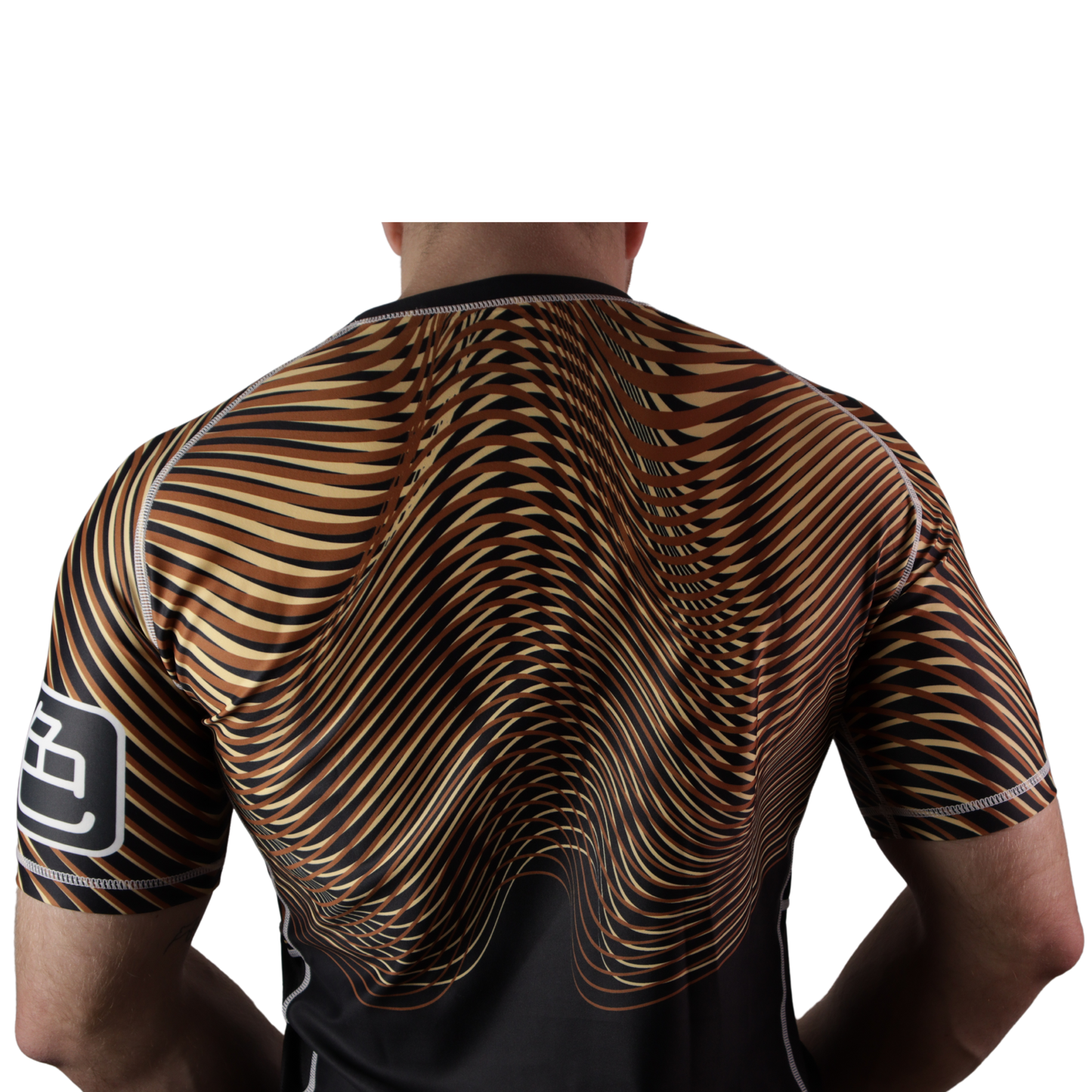 model wearing brown ranked rashguard back view
