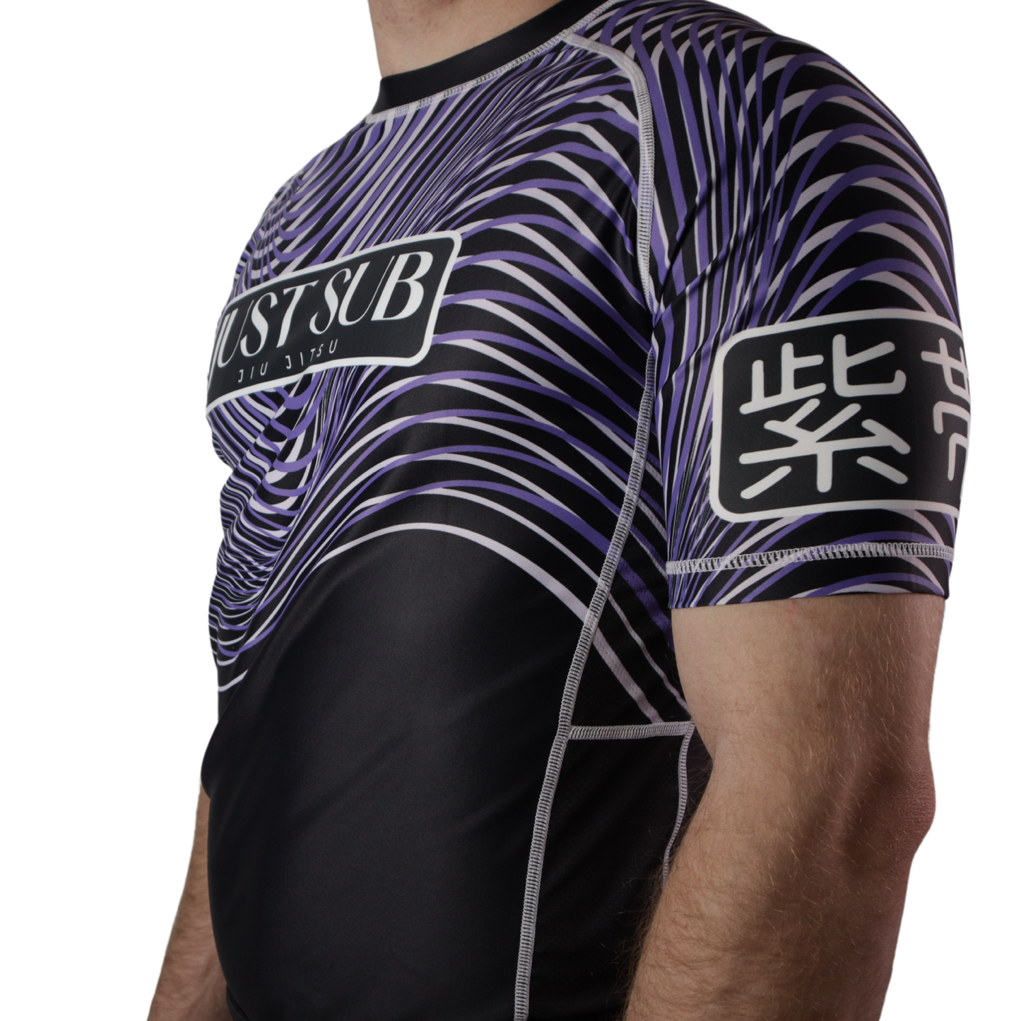 model wearing bjj nogi purple ranked rashguard side view