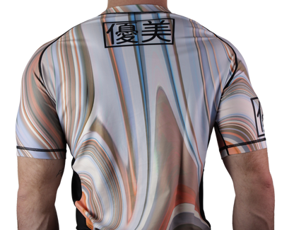 model wearing marble bjj rashguard back view