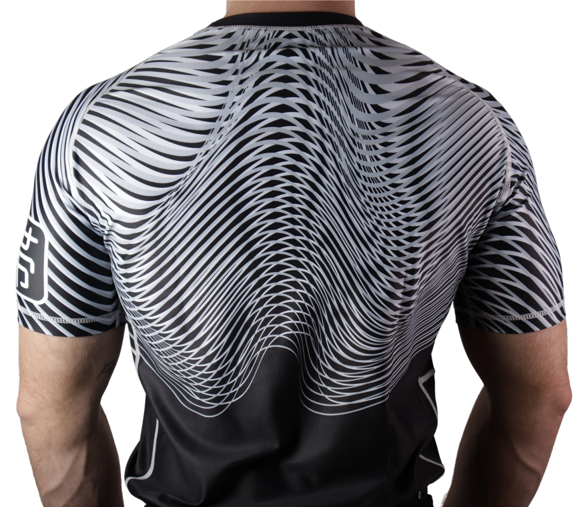 model wearing nogi bjj ranked white rashguard back view