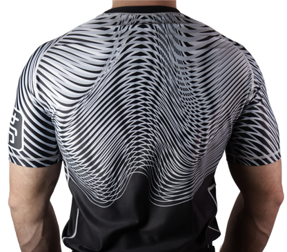 model wearing nogi bjj ranked white rashguard back view