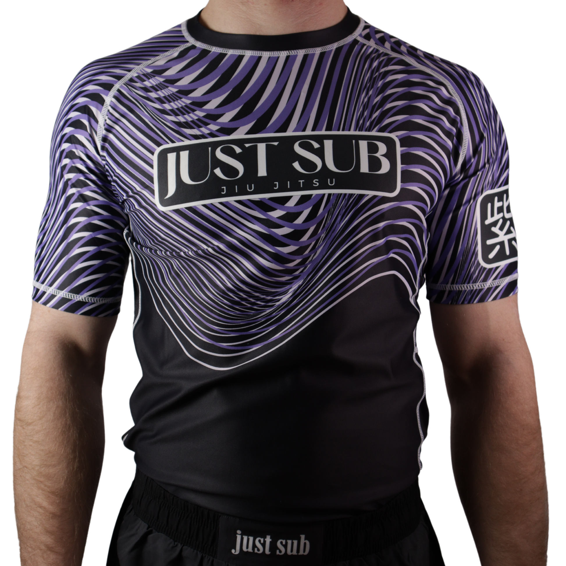 model wearing bjj nogi purple ranked rashguard front view