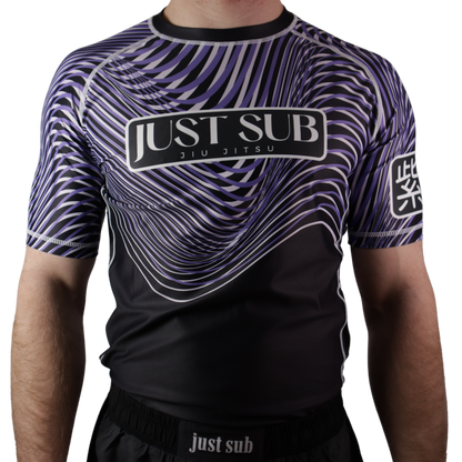 model wearing bjj nogi purple ranked rashguard front view
