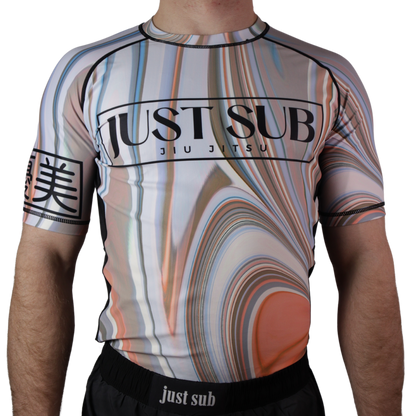 model wearing marble bjj rashguard front view