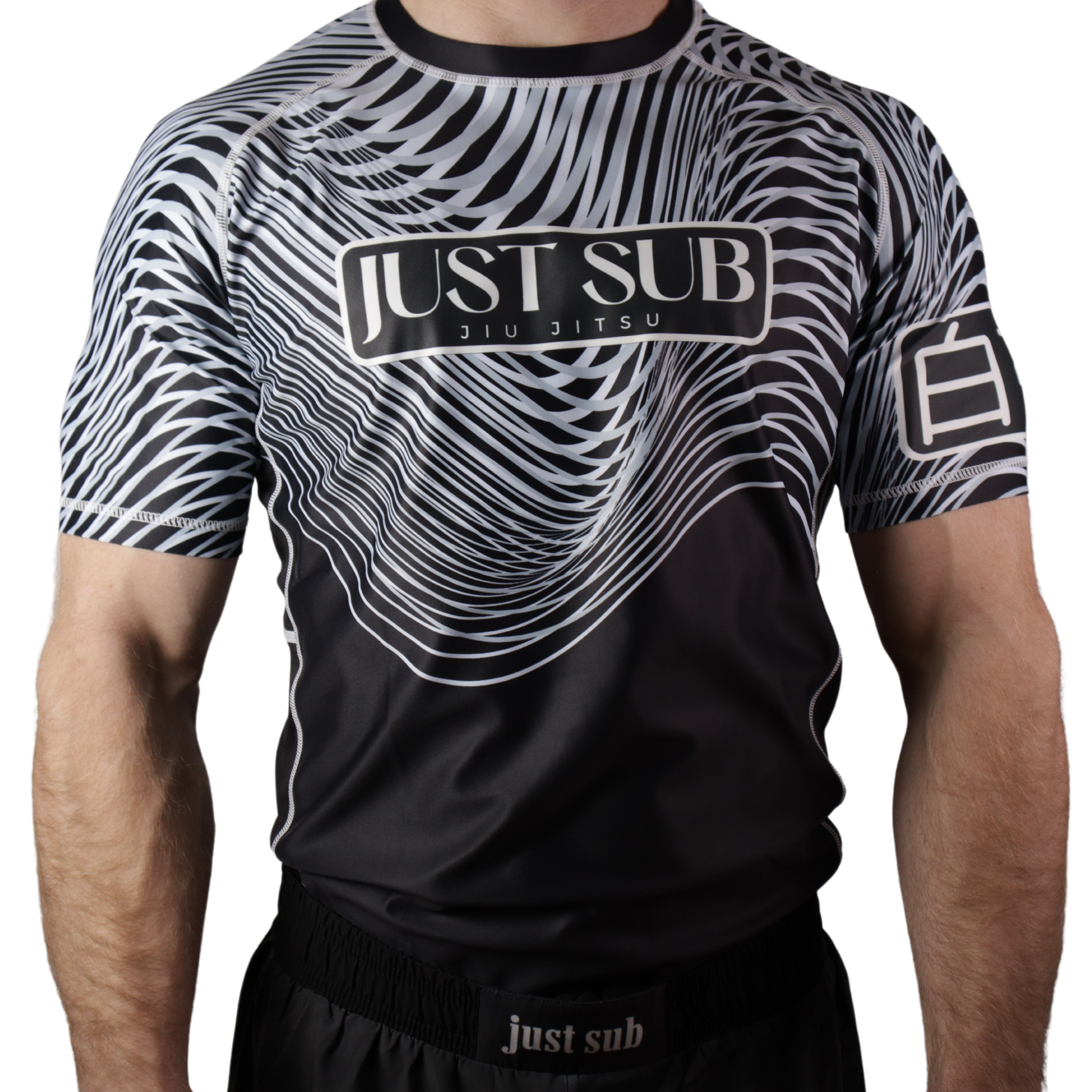 model wearing nogi bjj ranked white rashguard front view