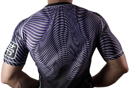 model wearing bjj nogi purple ranked rashguard back view