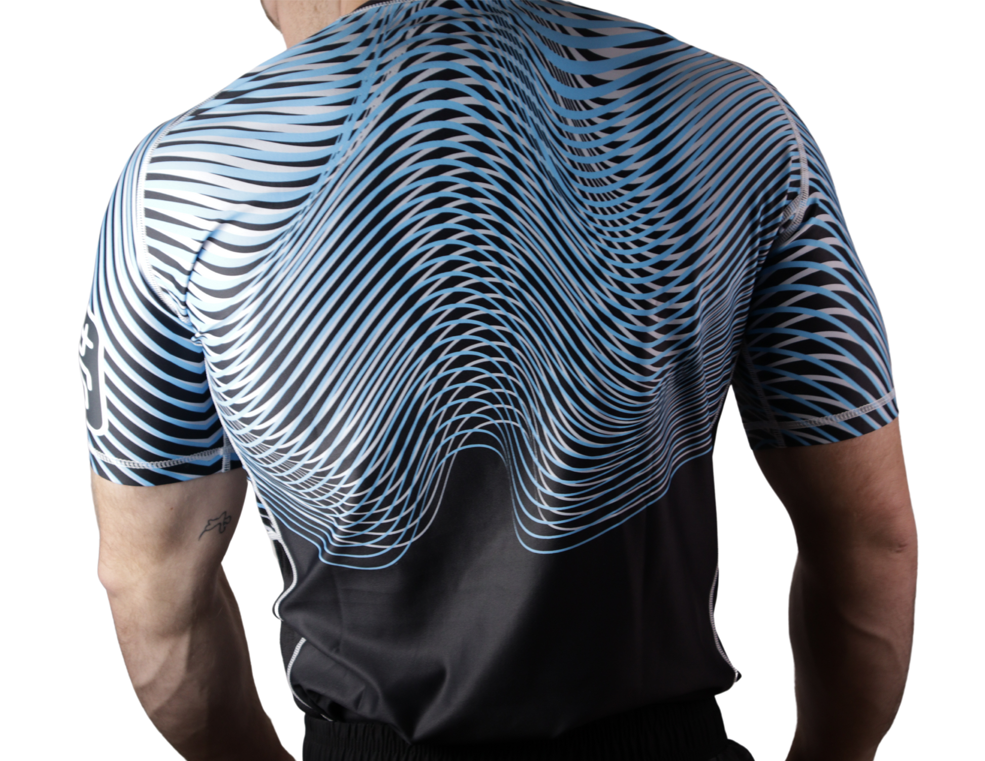 model wearing blue ranked rashguard back view