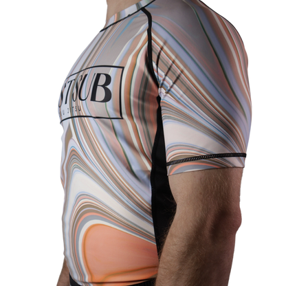 model wearing marble bjj rashguard alternative view