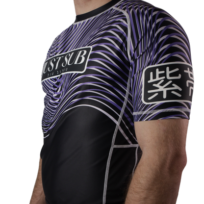model wearing bjj nogi purple ranked rashguard side view